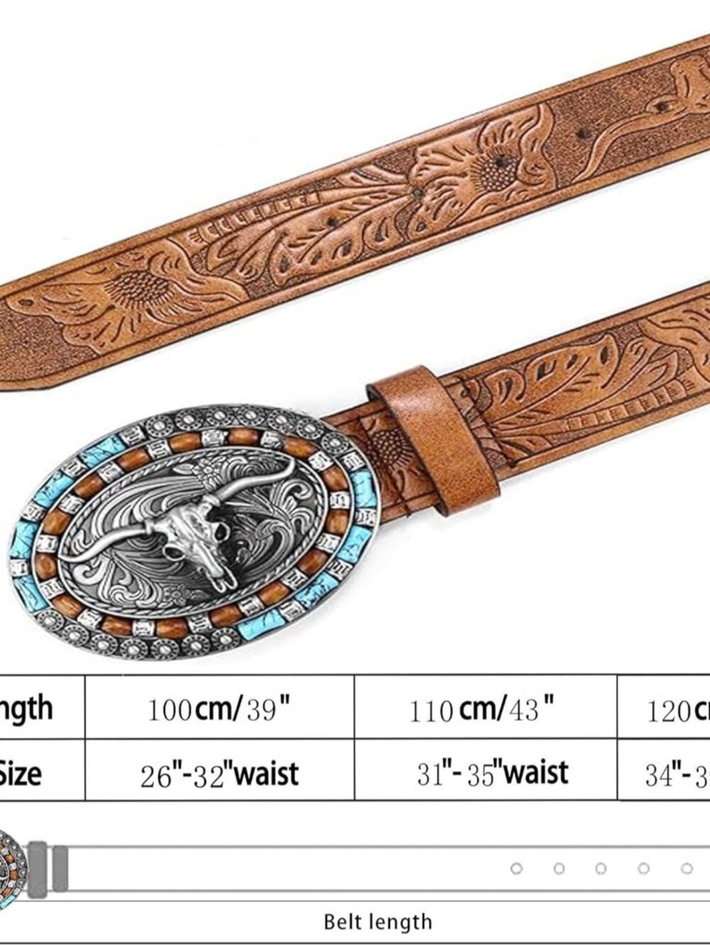 Women's Brown Western Pu Leather Longhorn Bull Turquoise Embossed Buckle Belt - Picture 2 of 7